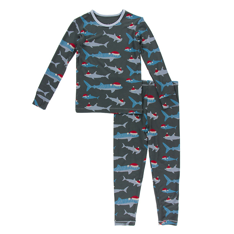 Kickee Pants Print Long Sleeve Pajama Set Pewter Santa Shark