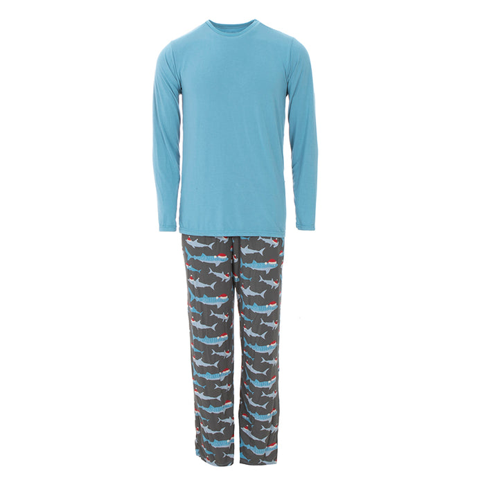 KICKEE PANTS MENS PRINT LONG SLEEVE PAJAMA SET PEWTER SANTA SHARKS