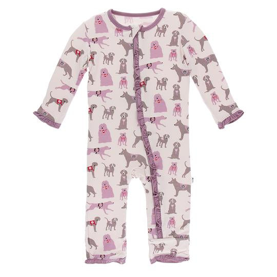 KICKEE PANTS PRINT MUFFIN RUFFLE COVERALL WITH ZIPPER MACAROON CANINE FIRST RESPONDERS