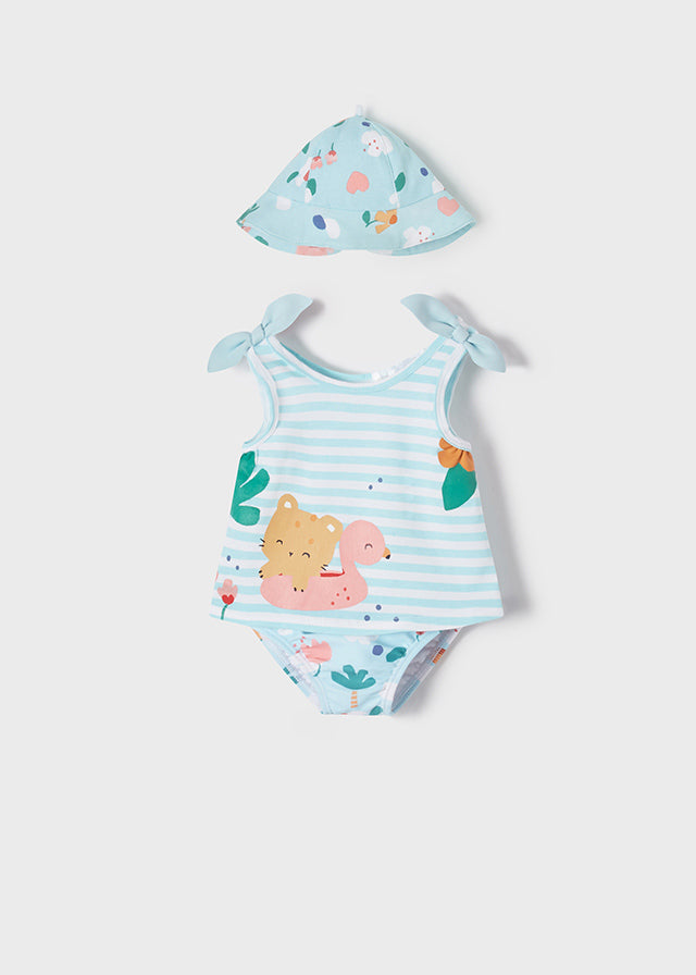 Mayoral Striped Sky Blue Bathing Suit With Hat