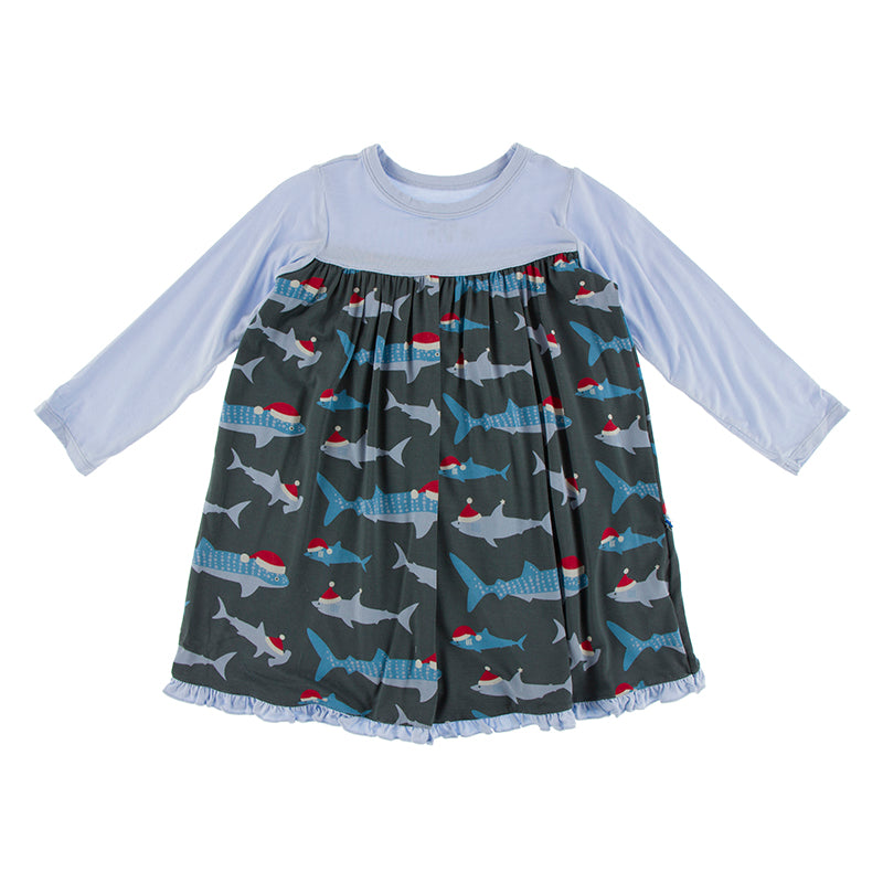 Kickee Pants Classic Print Long Sleeve Swing Dress Pewter Santa Sharks