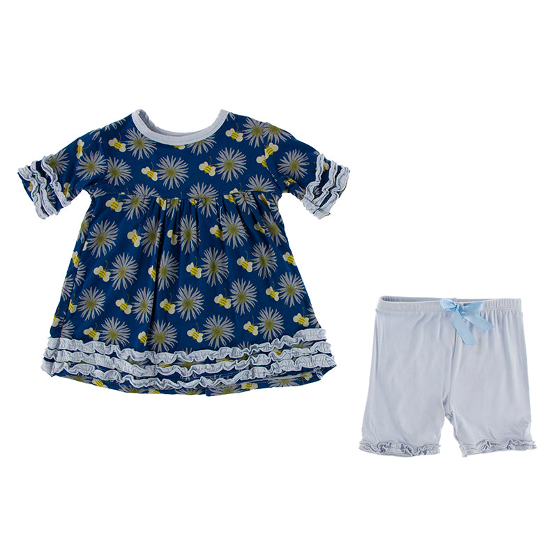 KicKee Pants Print Short Sleeve Babydoll Outfit Set - Navy Cornflower and Bee