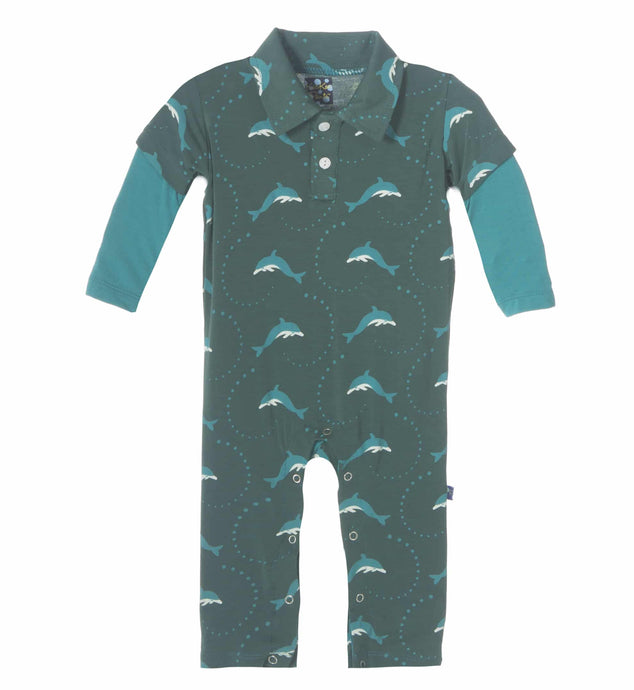 KicKee Pants Print Long Sleeve Polo Romper - Seaweed Dolphin