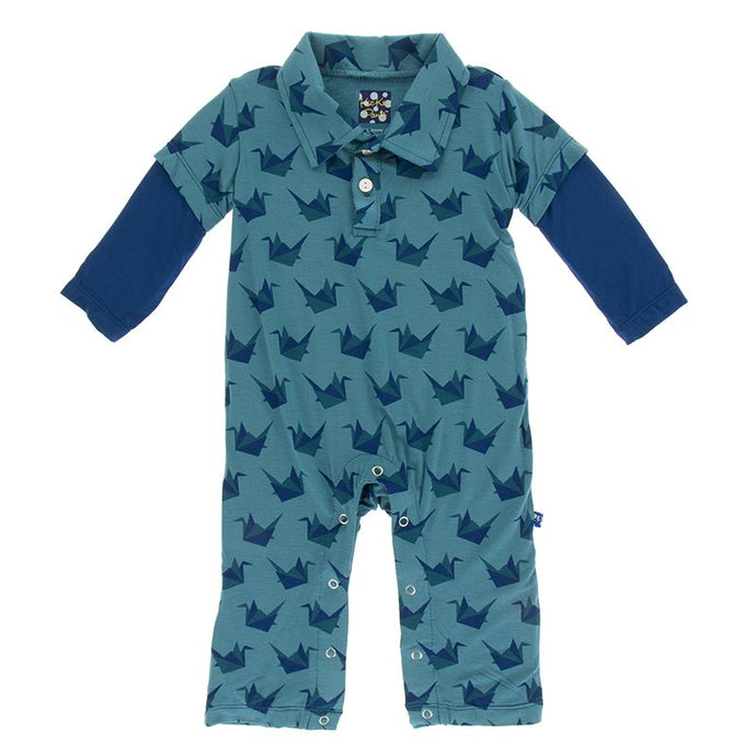 KicKee Pants Print Long Sleeve Double Layer Polo Romper - Seagrass Origami Crane