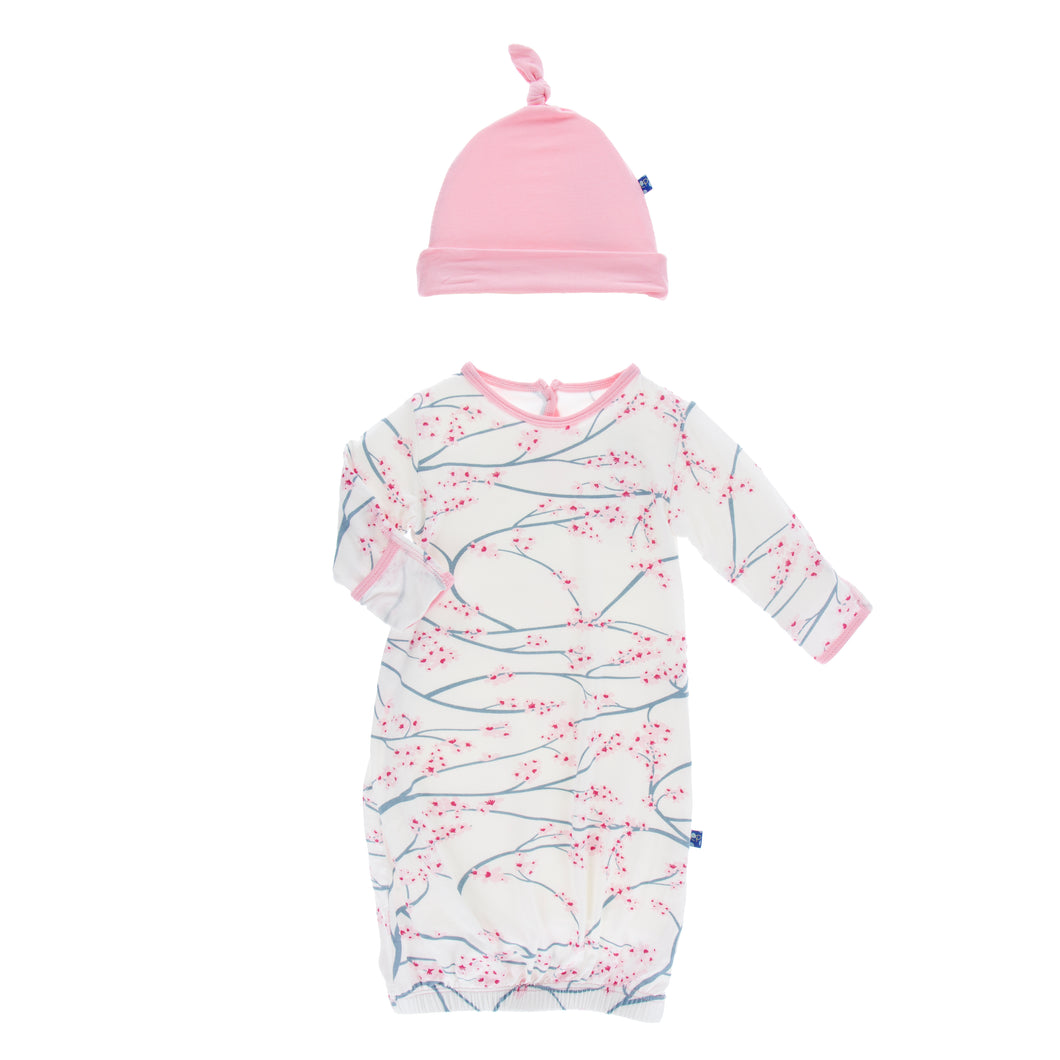 KicKee Pants Print Layette Gown & Single Know Hat Set - Natural Japanese Cherry Tree
