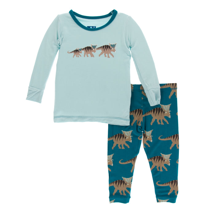 KicKee Pants Print Long Sleeve Pajama Set - Heritage Blue Kosmoceratops Family