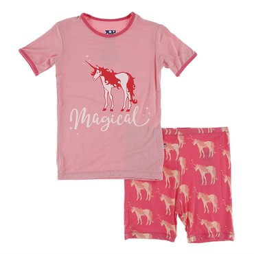 KICKEE PANTS Piece Print Short Sleeve Pajama Set with Shorts in Red Ginger Unicorns
