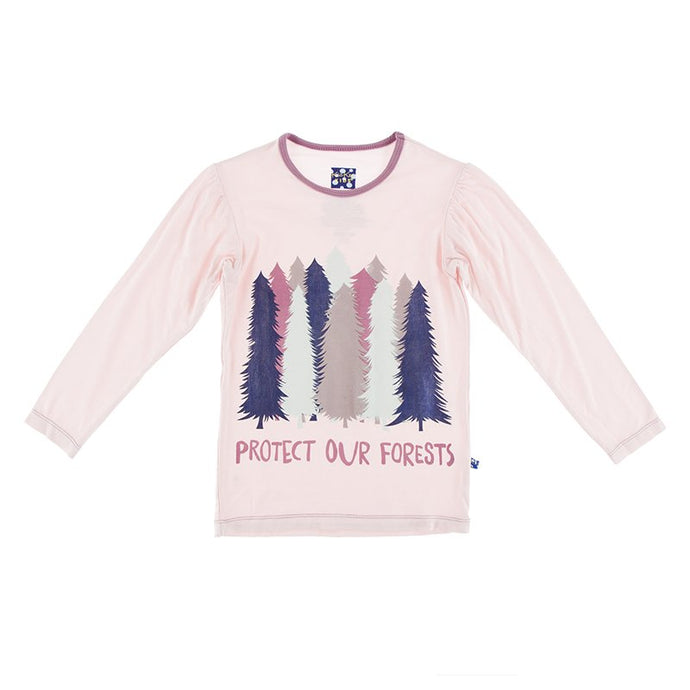 KICKEE PANTS SOLID LONG SLEEVE TAILORED FIT PIECE PRINT PUFF TEE IN MACAROON PROTECT OUR FORESTS