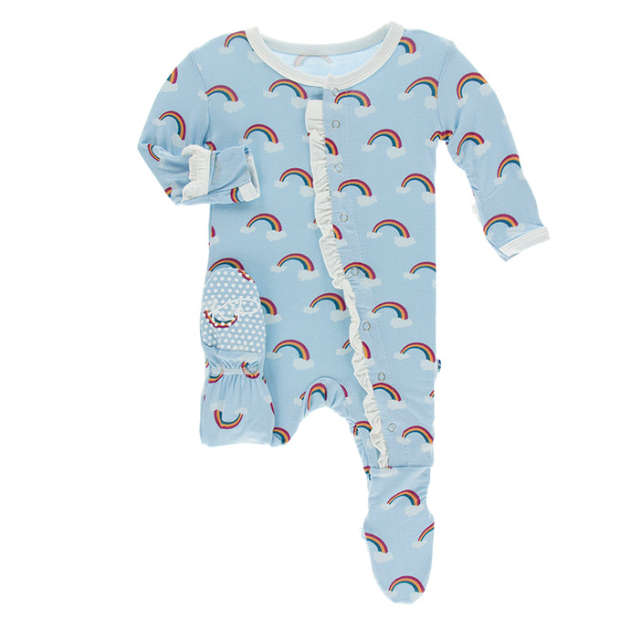 KicKee Pants Print Classic Ruffle Footie with Snaps - Pond Rainbow