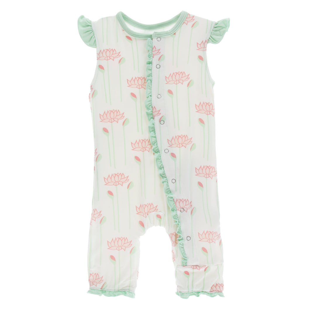 KicKee Pants Print Ruffle Tank Romper - Natural Lotus Flower