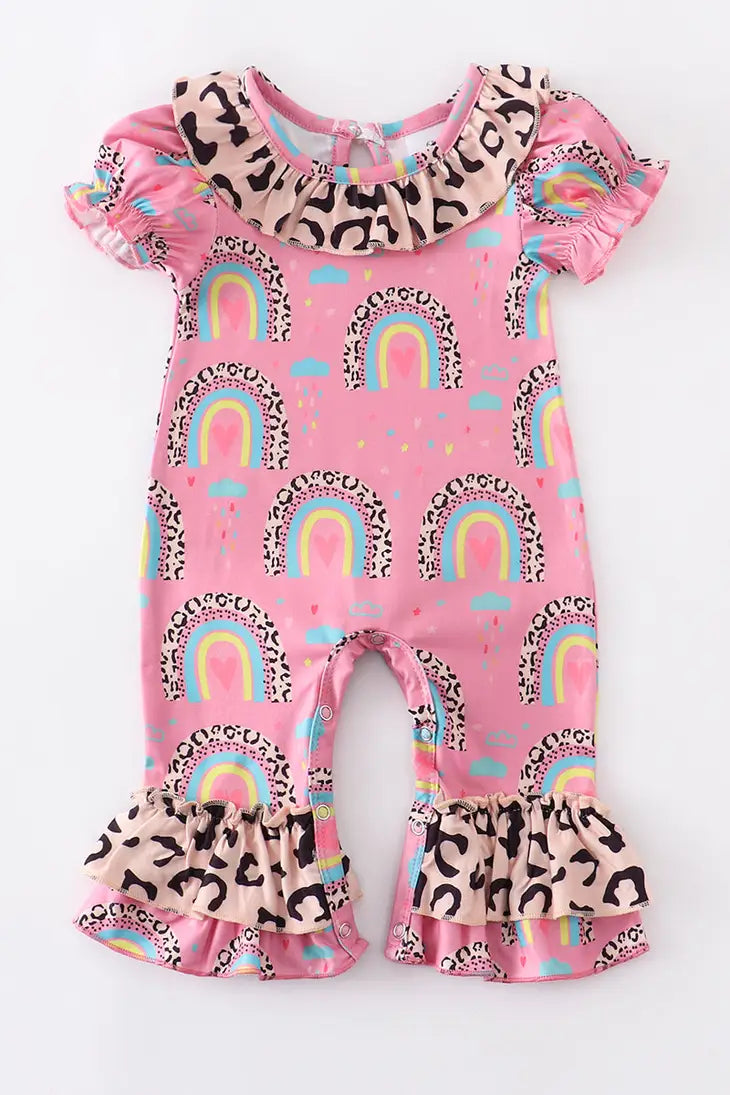 Pink Rainbow Leopard Ruffle Baby Romper