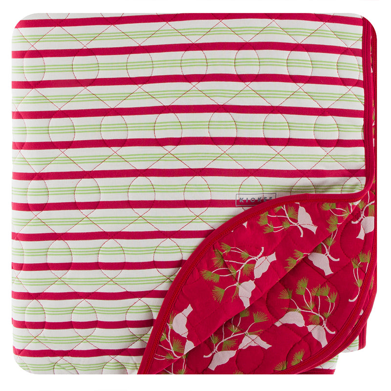 KICKEE PANTS PRINT QUILTED TODDLER BLANKET 2020 CANDY CANE STRIPE/ CRIMSON KISSING BIRDS