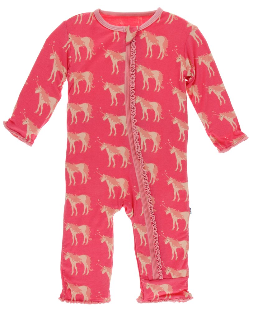 Kickee Pants Print Classic Ruffle Coverall with Zipper - Red Ginger Unicorns