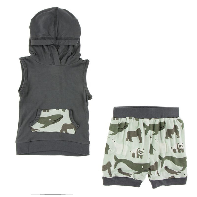 Kickee Pants Print Short Sleeve Hoodie Tank Outfit (Aloe Endangered Animals) Preorder