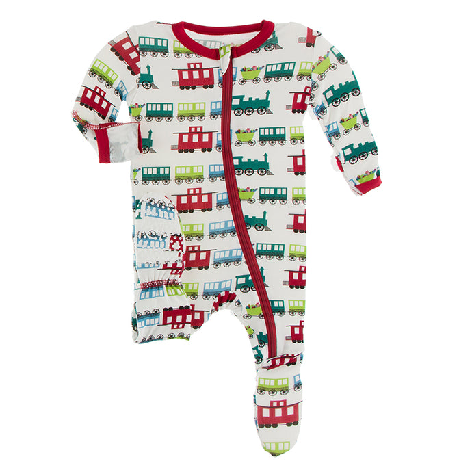 KICKEE PANTS PRINT FOOTIE WITH ZIPPER NATURAL TOY TRAIN
