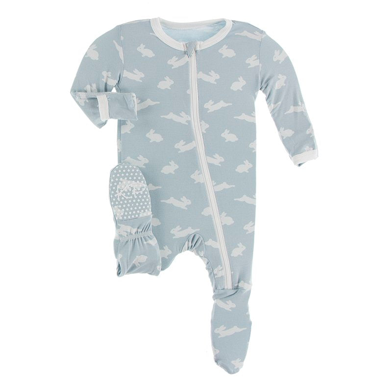 KicKee Pants Celebrations Print Footie with Zipper Pearl Blue Bunny