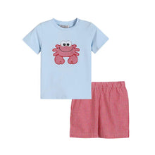 Blue Crab Shirt and Red Gingham Shorts Set by Lil Cactus