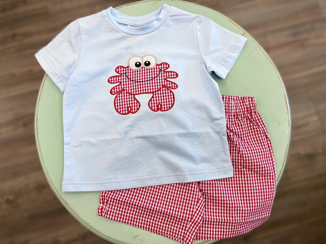 Blue Crab Shirt and Red Gingham Shorts Set by Lil Cactus