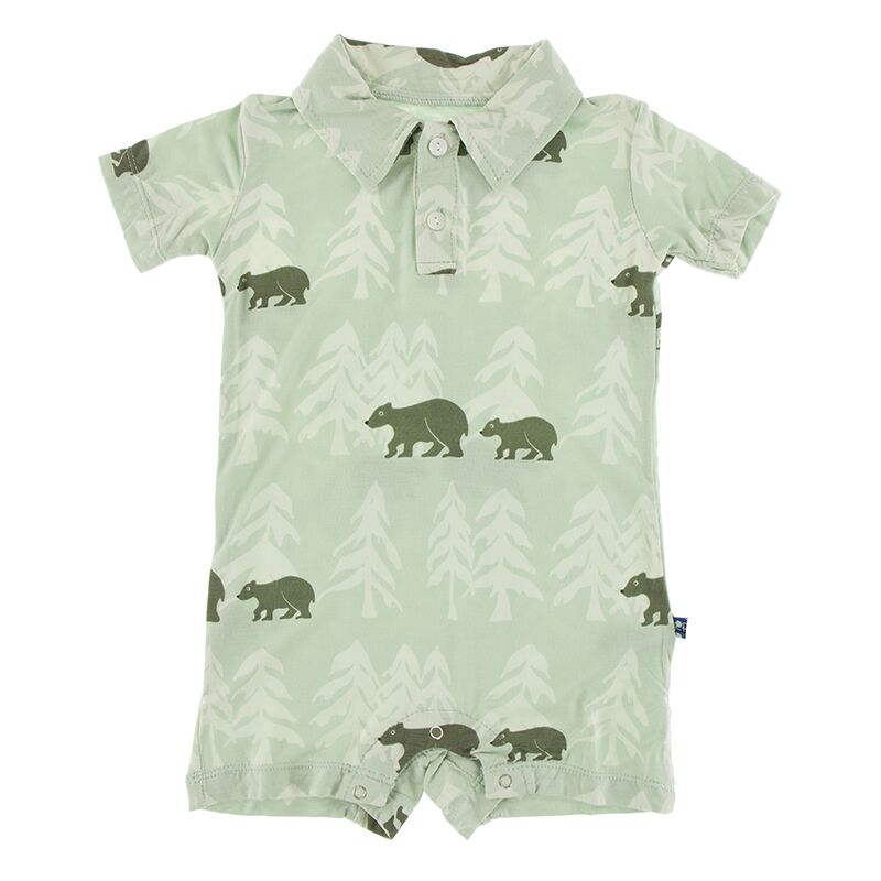 KICKEE PANTS PRINT SHORT SLEEVE POLO ROMPER ALOE BEARS AND TREE-LINE