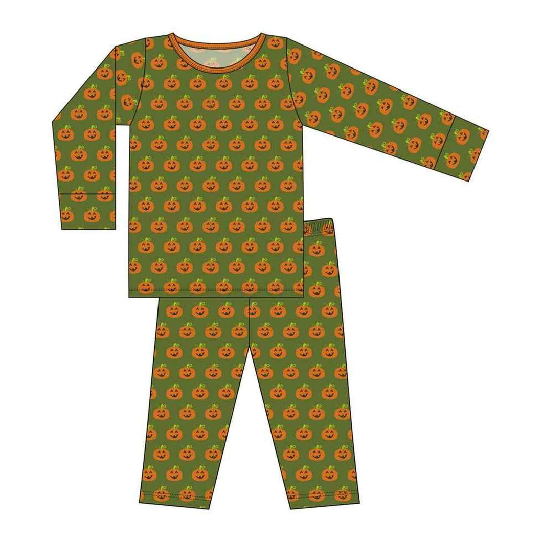 Kickee Pants Print Long Sleeve Pajama Set Moss Jack O'Lantern
