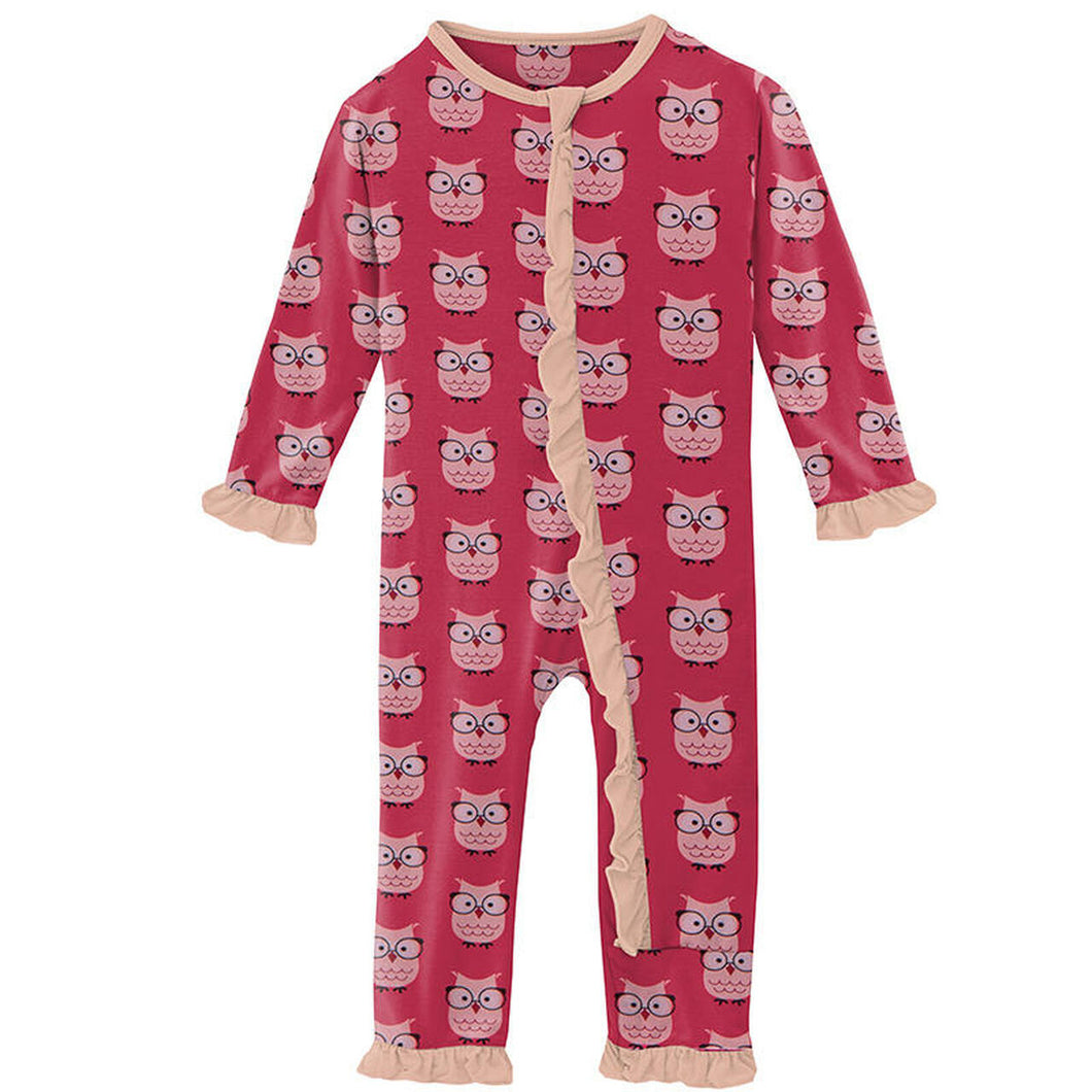 Kickee Pants Print Classic Ruffle Coverall with Zipper - Taffy Wise Owls