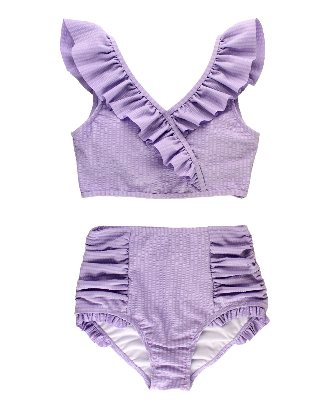 Lavender Seersucker Tween Ruffle V-Neck Bikini by RuffleButts