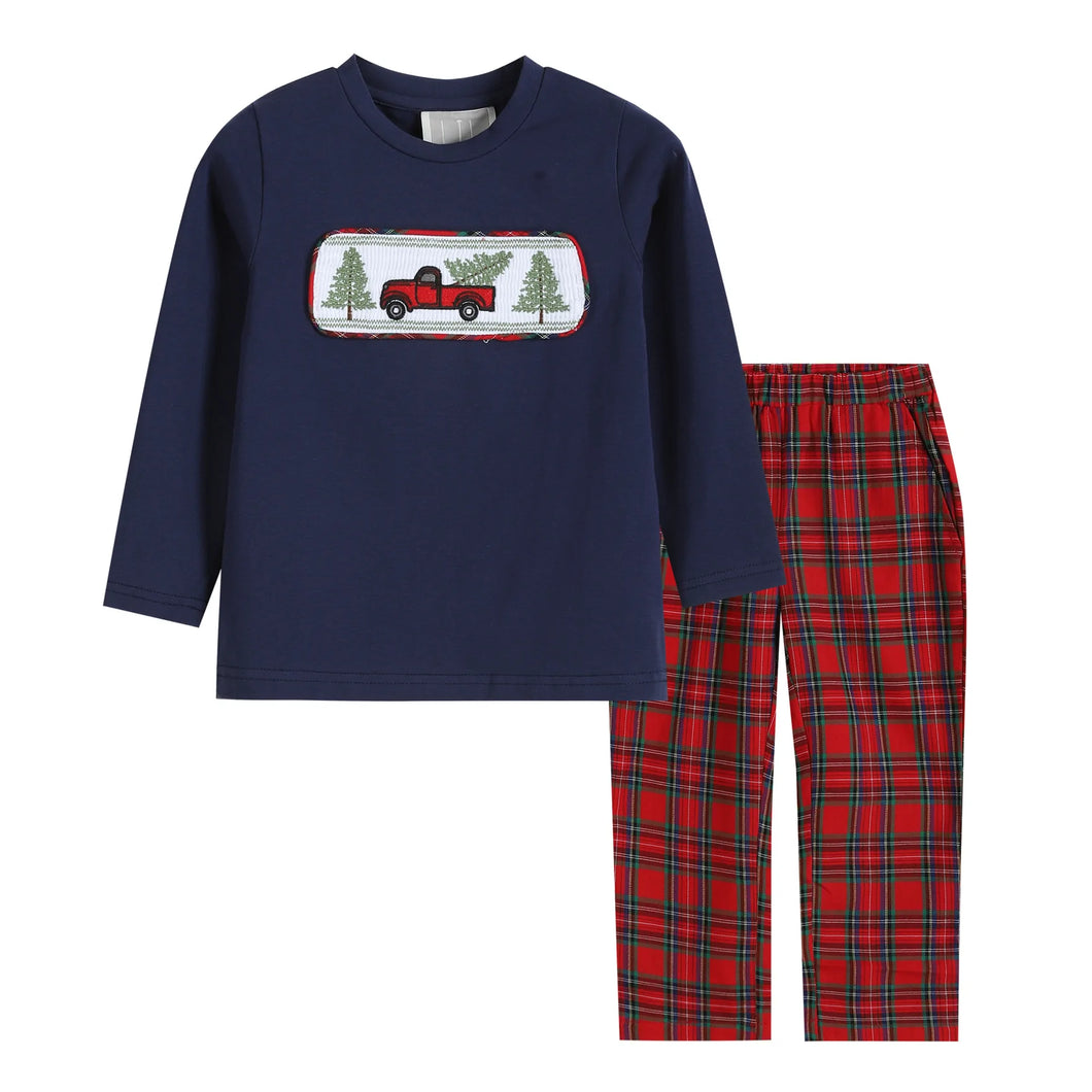 Lil Cactus - Navy and Red Christmas Smocked T-Shirt and Pants Set
