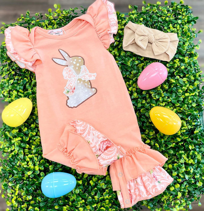 Paisley Peach Bunny Baby Romper by Clover Cottage