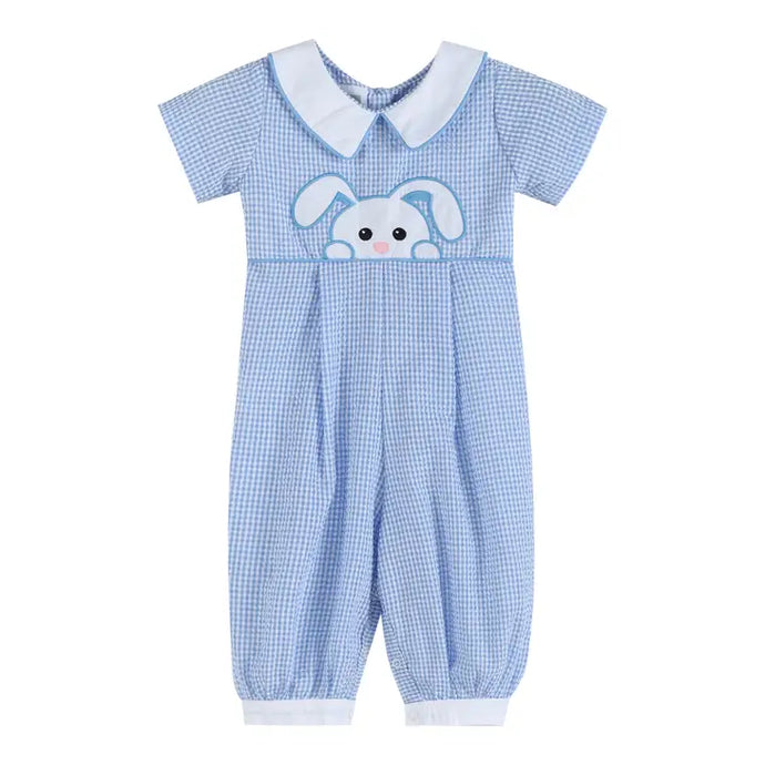 Light Blue Gingham Peek-A-Boo Easter Bunny Collared Romper by Lil Cactus