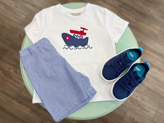White Tug Boat Shirt and Blue Shorts Set by Lil Cactus