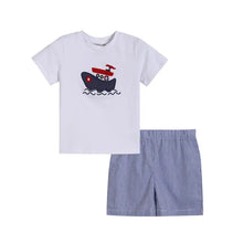 White Tug Boat Shirt and Blue Shorts Set by Lil Cactus